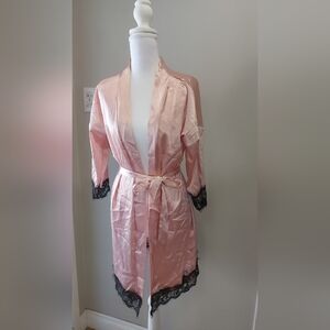 Elegant Pink Satin Robe with Black Lace Trim